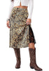 Brown Cheetah Satin Midi Skirt — High Waisted A Line Slip Skirt with Slit, Lace Trim & Stretchy Waist