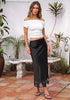 Black Women's Satin Maxi Skirt — Silky Bias Cut Long Slip Skirt with Easy Pull On Elastic Waistband & Lace Trim Hem
