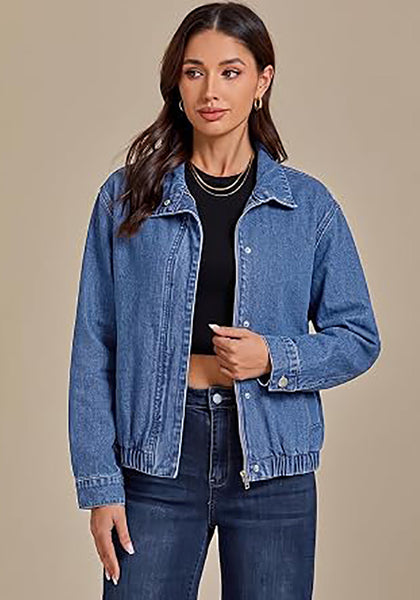 Medium Blue Women's Funnel Neck Denim Jacket — Oversized Zip Up Jean Jacket with Drop Shoulder, Elastic Hem & Side Slant Pockets