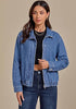 Medium Blue Women's Funnel Neck Denim Jacket — Oversized Zip Up Jean Jacket with Drop Shoulder, Elastic Hem & Side Slant Pockets