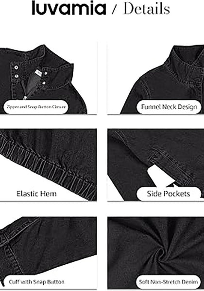 Washed Black Women's Funnel Neck Denim Jacket — Oversized Zip Up Jean Jacket with Drop Shoulder, Elastic Hem & Side Slant Pockets