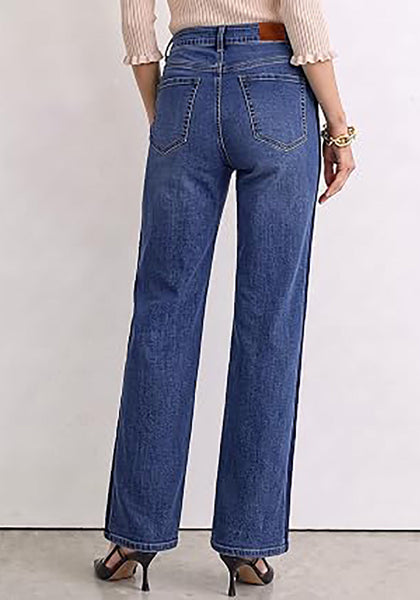 Darkness Blue Women's High Waisted Straight Leg Jeans, Tuxedo Side Stripe Stretchy Denim Pants, 29" Inseam Relaxed Fit 90s Style Concert Outfits