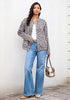 Light Grey Cheetah Women's Leopard Print Bomber Jacket — Oversized Brushed Wool Blend Cheetah Jacket with Stand Collar, Snap Buttons & Elastic Hem
