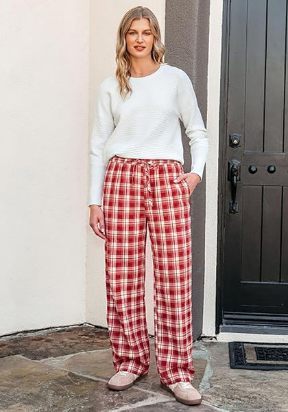 GRAPENT Women's High Waisted Wide Leg Plaid Pants | Tartan Pattern, Elastic Waist Drawstring, Pockets, Relaxed Fit, Casual Daily Fall Outfits