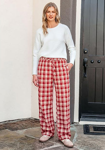 GRAPENT Women's High Waisted Wide Leg Plaid Pants | Tartan Pattern, Elastic Waist Drawstring, Pockets, Relaxed Fit, Casual Daily Fall Outfits