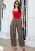 Khaki Brown Leopard  Women's Trendy Leopard Barrel Jeans — High Waisted Baggy Wide Leg Stretchy Denim Pants with Front Seam & Ankle Length