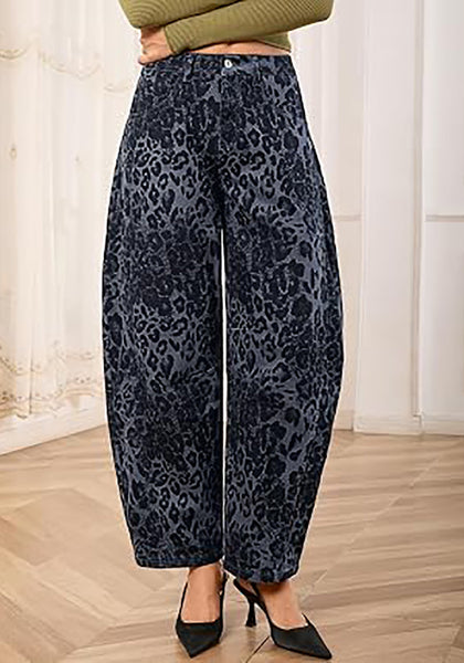 Gray Leopard Women's Trendy Leopard Barrel Jeans — High Waisted Baggy Wide Leg Stretchy Denim Pants with Front Seam & Ankle Length