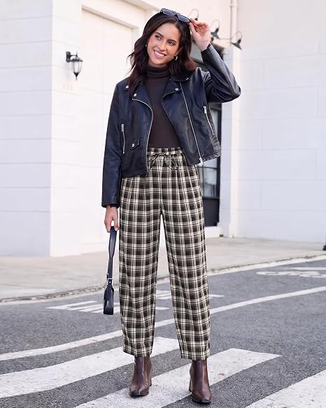 GRAPENT Women's High Waisted Plaid Barrel Pants | Tapered Wide Leg, Elastic Drawstring Waist, Front Pockets, Work Office Casual Fall Outfits
