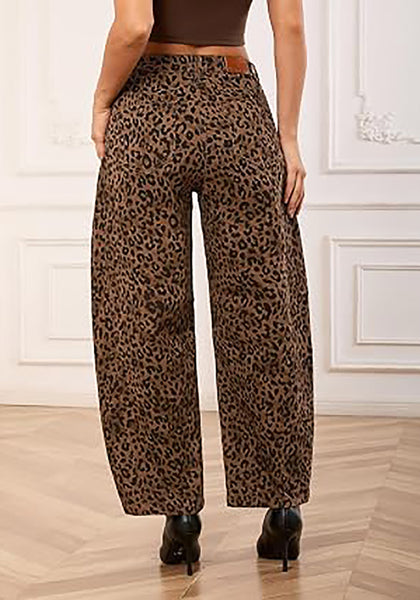 Brown Cheetah Women's Trendy Leopard Barrel Jeans — High Waisted Baggy Wide Leg Stretchy Denim Pants with Front Seam & Ankle Length