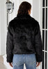 Black Women's Solid Color Shaggy Faux Fur Jacket — Cropped Long Pile Coat with Lapel Collar, Hook Closure & Drop Shoulder