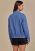 Medium Blue Women's Funnel Neck Denim Jacket — Oversized Zip Up Jean Jacket with Drop Shoulder, Elastic Hem & Side Slant Pockets