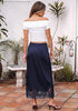 Dark Blue Women's Satin Maxi Skirt — Silky Bias Cut Long Slip Skirt with Easy Pull On Elastic Waistband & Lace Trim Hem