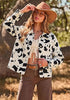 Black Cow Print Women's Cow Print Faux Suede Shacket — Cropped Button Down Jacket with Pockets & Full Lining