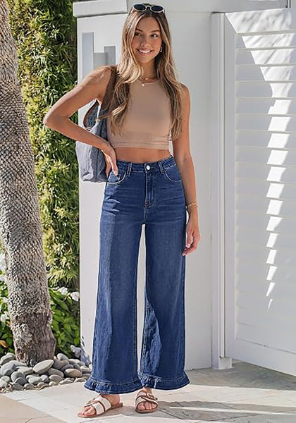 GRAPENT Women's High Waisted Ruffle Hem Wide Leg Jeans | Stretch Denim, 27.5" Inseam, Ankle Cropped, Baggy Fit, Weekend Casual