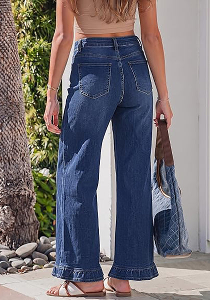 GRAPENT Women's High Waisted Ruffle Hem Wide Leg Jeans | Stretch Denim, 27.5" Inseam, Ankle Cropped, Baggy Fit, Weekend Casual
