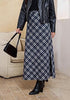 Navy Blue & White Women's Trendy Plaid Maxi Skirt — High Waisted A Line Long Skirt with Side Slit, Vintage Pattern & Back Elastic Waist