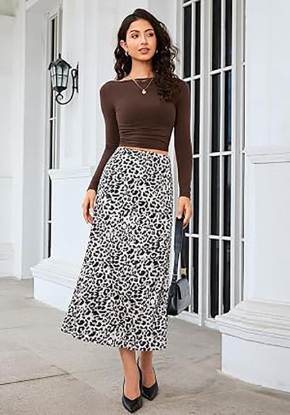 Black & White Leopard Women's Leopard Print Satin Maxi Skirt — High Waisted Bias Cut A Line Slip Skirt with Stretchy Elastic Waistband