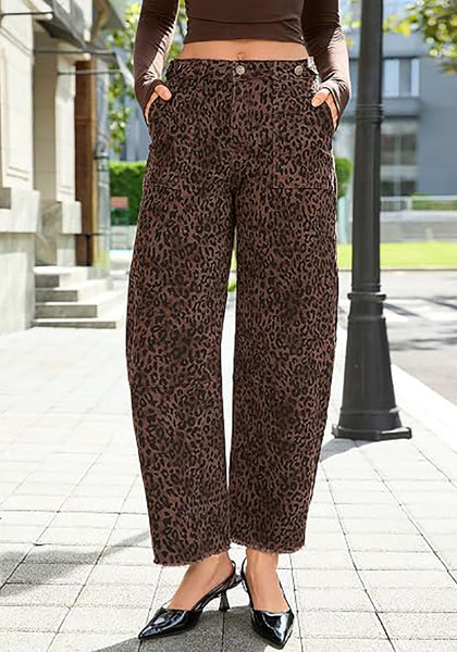 GRAPENT Women's High Rise Leopard Barrel Jeans | Leopard Print Denim, Adjustable Cinched Waist, Frayed Hem, 28" Inseam, Country Concert Casual Work Wear