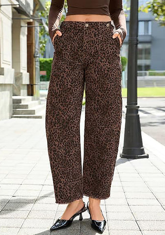 GRAPENT Women's High Rise Leopard Barrel Jeans | Leopard Print Denim, Adjustable Cinched Waist, Frayed Hem, 28" Inseam, Country Concert Casual Work Wear