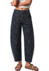 GRAPENT Women's High Rise Leopard Barrel Jeans | Leopard Print Denim, Adjustable Cinched Waist, Frayed Hem, 28