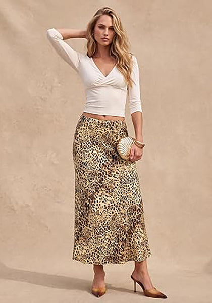 Brown Cheetah Women's Leopard Print Satin Maxi Skirt — High Waisted Bias Cut A Line Slip Skirt with Stretchy Elastic Waistband