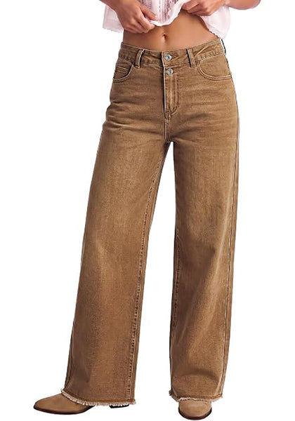 Golden Brown Women's High Waisted Wide Leg Jeans by luvamia — Stretchy 90s Baggy Straight Denim, Raw Hem, Button Front, 29.5" Inseam, Casual Western Work Pants