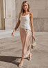 Tan Women's Satin Maxi Skirt — Silky Bias Cut Long Slip Skirt with Easy Pull On Elastic Waistband & Lace Trim Hem
