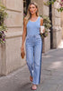 Lakeside Blue Women's High Waisted Straight Leg Jeans, Tuxedo Side Stripe Stretchy Denim Pants, 29