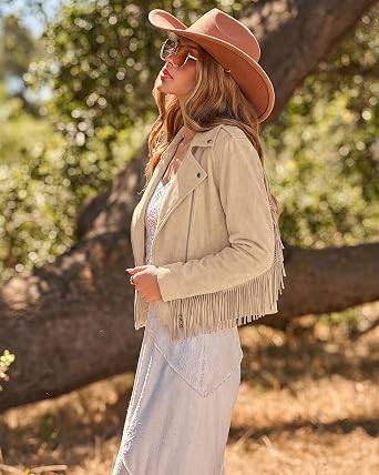 Beige Women's Cropped Fringe Faux Suede Jacket — Trendy Zip Up Tassel Cowgirl Jacket with Full Lining & Faux Leather Finish