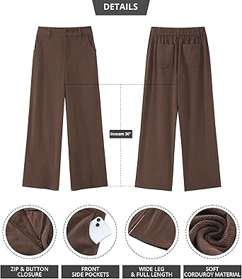 Brown Women's Casual High Waist Pocket Polyester Relaxed Fit Wide Leg Pants