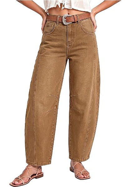 Golden Brown Women's High Waisted Wide Leg Jeans by luvamia — Stretchy 90s Baggy Straight Denim, Raw Hem, Button Front, 29.5" Inseam, Casual Western Work Pants