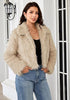 Apricot  Women's Solid Color Shaggy Faux Fur Jacket — Cropped Long Pile Coat with Lapel Collar, Hook Closure & Drop Shoulder