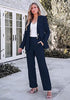Navy Blue Women's Elegant Business Pantsuit — Single Button Blazer & High Waisted Pants with Adjustable Waistband