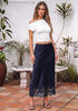 Dark Blue Women's Satin Maxi Skirt — Silky Bias Cut Long Slip Skirt with Easy Pull On Elastic Waistband & Lace Trim Hem