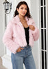 Pink Women's Solid Color Shaggy Faux Fur Jacket — Cropped Long Pile Coat with Lapel Collar, Hook Closure & Drop Shoulder