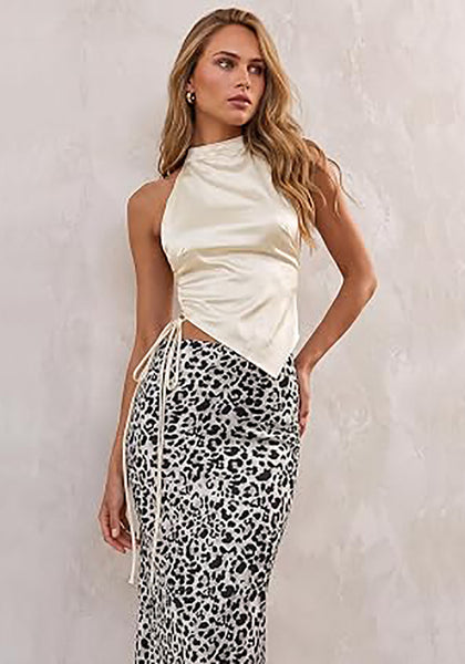 Black & White Leopard Women's Leopard Print Satin Maxi Skirt — High Waisted Bias Cut A Line Slip Skirt with Stretchy Elastic Waistband