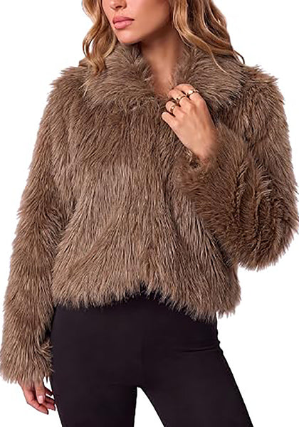 Coffee Brown Women's Solid Color Shaggy Faux Fur Jacket — Cropped Long Pile Coat with Lapel Collar, Hook Closure & Drop Shoulder
