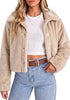 Beige Women's Cropped Fluffy Faux Fur Coat — Oversized Lapel Jacket with Button Down Closure & Warm Lining