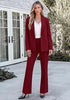 Wine Red Women's 2 Piece Blazer Pants Suit, Business Casual Long Sleeve Belted Double Breasted Blazer & Elastic High Waisted Flared Pants Set, Dressy Office Work Outfits