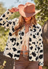 Black Cow Print Women's Cow Print Faux Suede Shacket — Cropped Button Down Jacket with Pockets & Full Lining