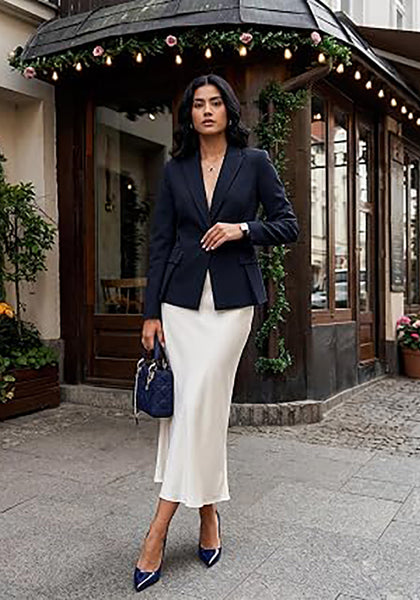 Navy Blue Women's  Peplum Suit Jacket Blazer, Tailored Fitted Long Sleeve with Built-in Shoulder Pads, Dressy Casual for Office, Business & Everyday Wear