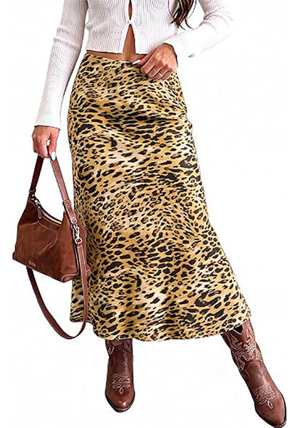 Golden Brown Cheetah Women's Leopard Print Satin Maxi Skirt — High Waisted Bias Cut A Line Slip Skirt with Stretchy Elastic Waistband