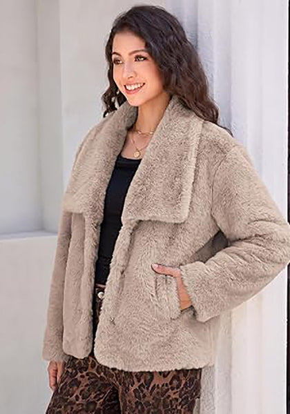 Khaki Wide Lapel Faux Fur Coat for Women — Oversized Dropped Shoulder Jacket with Side Pockets & Snap Buttons