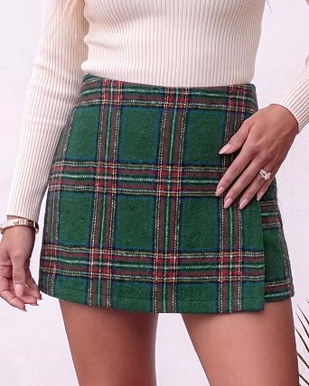 Dark Green Red Women's Plaid Skort High Waist Faux Wrap Mini Skirt with Side Zipper, Elastic Back & Built-in Shorts