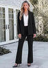 Black Women's 2 Piece Blazer Pants Suit, Business Casual Long Sleeve Belted Double Breasted Blazer & Elastic High Waisted Flared Pants Set, Dressy Office Work Outfits