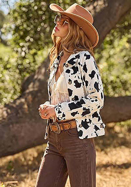 Black Cow Print Women's Cow Print Faux Suede Shacket — Cropped Button Down Jacket with Pockets & Full Lining