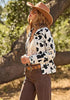 Black Cow Print Women's Cow Print Faux Suede Shacket — Cropped Button Down Jacket with Pockets & Full Lining