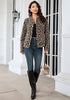 Sand Leopard Women's Leopard Print Bomber Jacket — Oversized Brushed Wool Blend Cheetah Jacket with Stand Collar, Snap Buttons & Elastic Hem