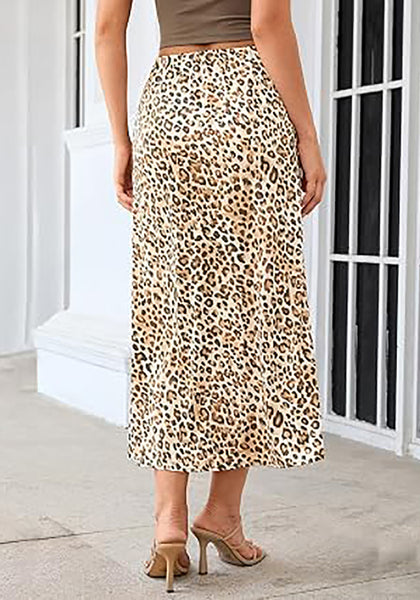 Taffy Leopard Women's Leopard Print Satin Maxi Skirt — High Waisted Bias Cut A Line Slip Skirt with Stretchy Elastic Waistband