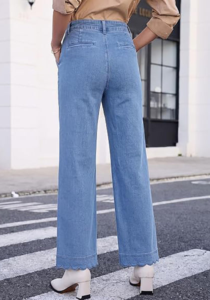 GRAPENT Women's High Waisted Scalloped Ankle Jeans | Stretchy Denim, Straight Wide Leg, 27.5" Inseam, Patched Pockets, Work Office Dressy Casual